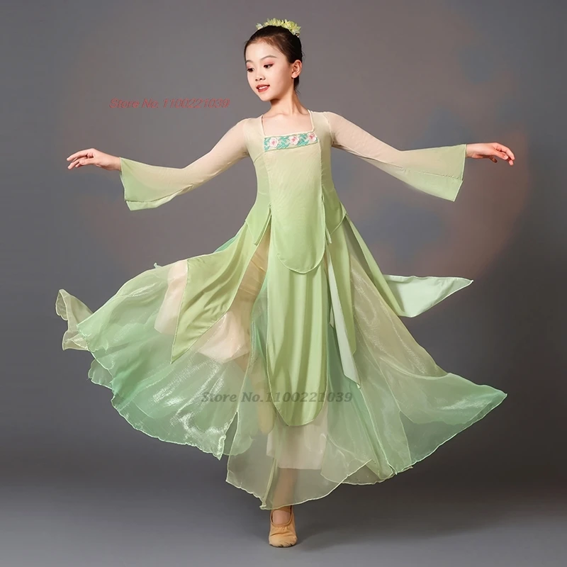 

2025 chinese vintage children dance costume traditional chiffon hanfu tops+pants set retro folk dance stage performance dress