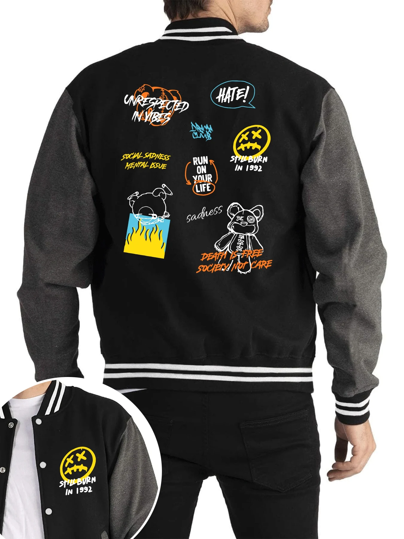 

Куртка с текстовым принтом граффити и медвежонком, мужская модная бейсбольная майка в стиле хип-хоп, мягкое флисовое пальто большого размера, уличный модный топ