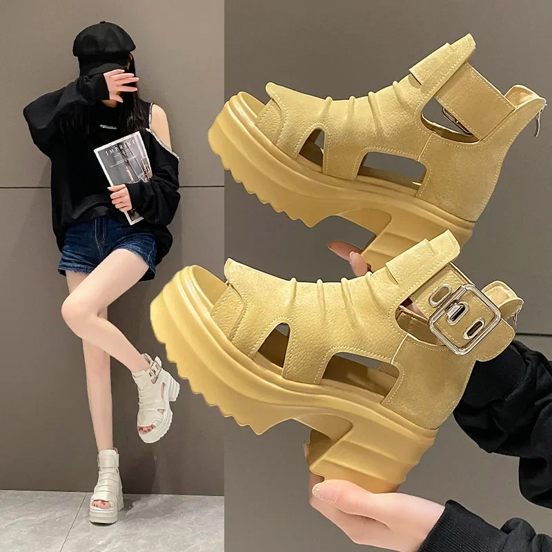 Platform Sandalias Female Hollow Fashion Sandals Boots Fish Mouth High Help Heel Summer Casual2024 Versatile Black Zapatos Mujer