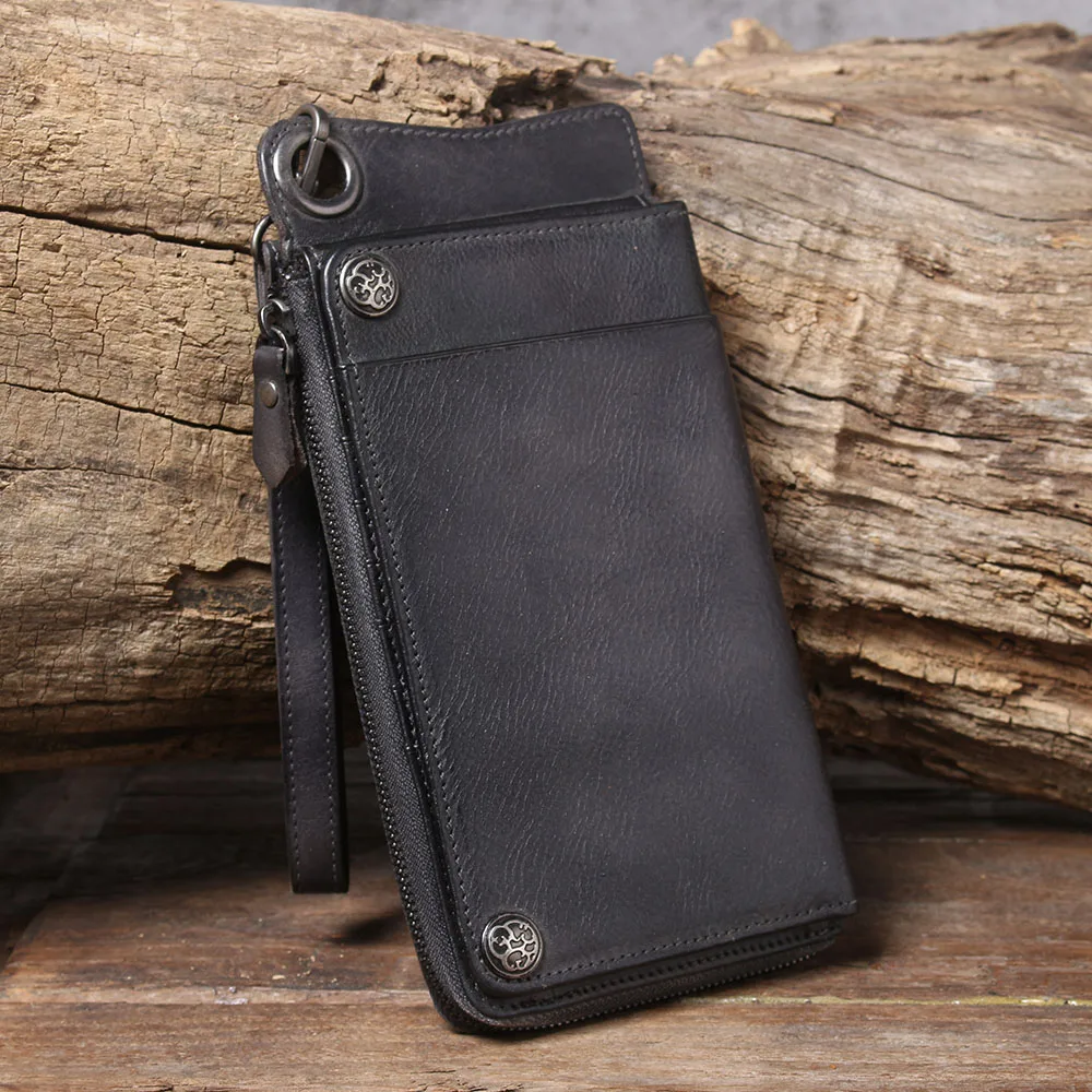 S.WORKER Echtes Vollnarbiges Rindsleder Langes Portemonnaie für Herren, Clutch mit mehreren Kartenfächern, Casual-Geldbörse mit Handgelenkschlaufe – Detail 22