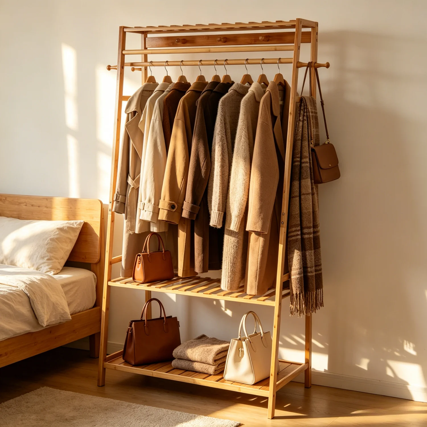 Free Standing Bamboo Garment Coat Clothes Stand Rack Convenient Hat Jacket Hooks Shoes Coats Shelf with 10PCS Hooks for Bedrooms Clothes Shop