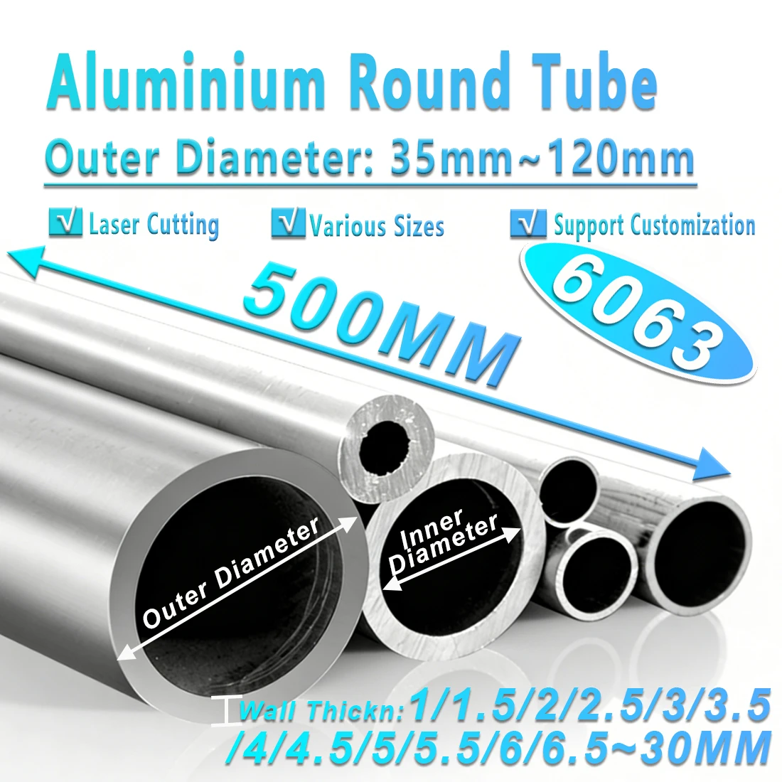 Aluminium Tube 5-30mm Thickness 62-120mm OD Straight 500mm Long Round 6061/6063Aluminum Alloy Metal pipe