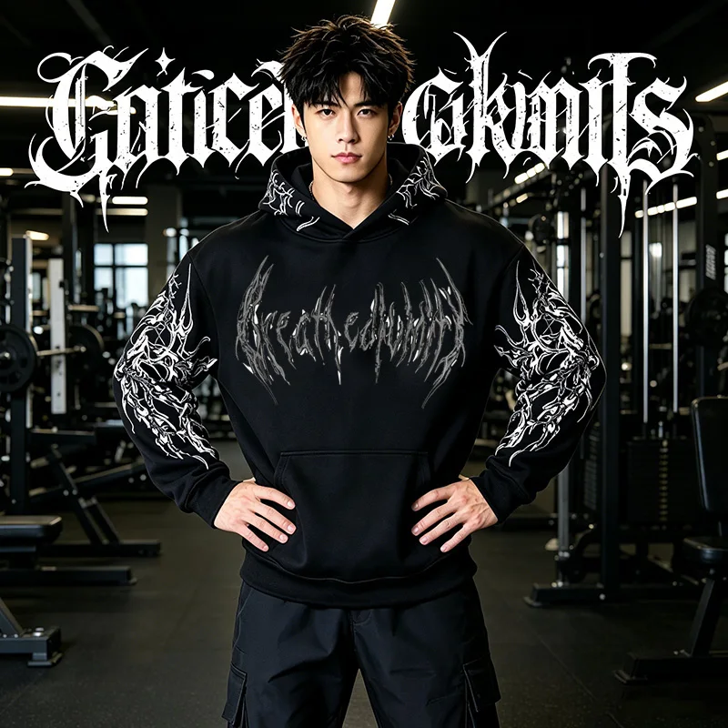 Men Gothic Punk Letter Print Hoodie Y2K Hip Hop Streetwear Pullover Sweatshirt Dark Pattern Casual Hooded Tops With Pocket