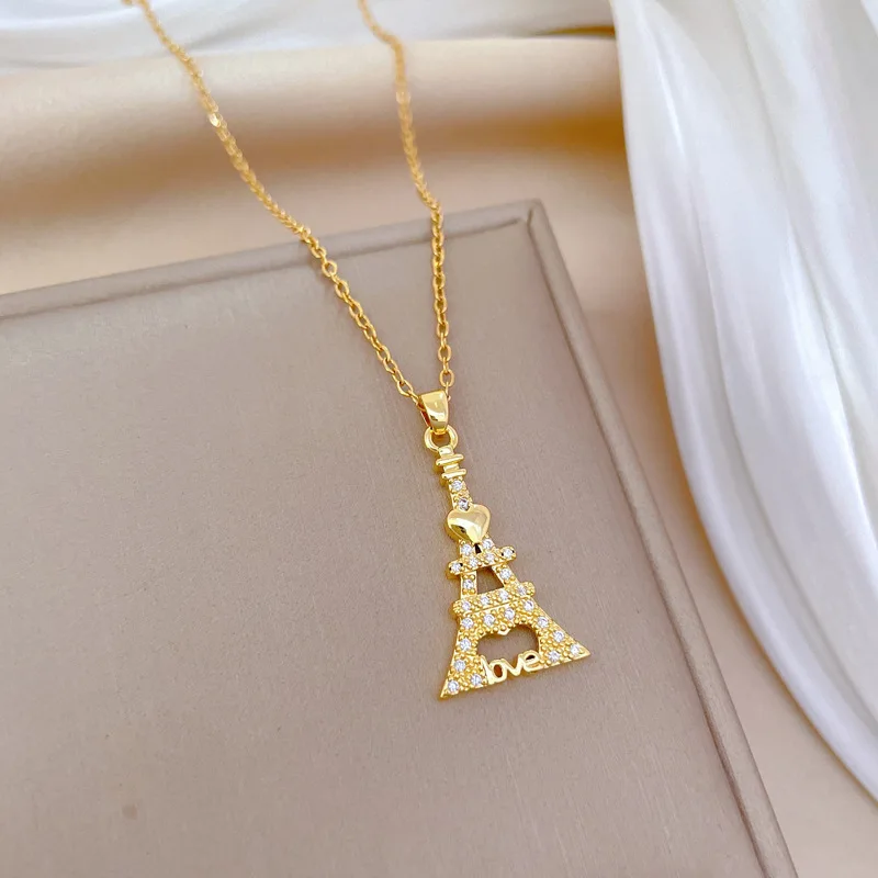 Stainless Steel Chain Fashion Creative Eiffel Tower Necklace Women Girls Shiny Zircon Pendant Accessories Jewelry Gifts