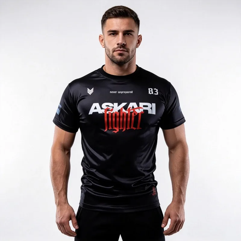 ASKARI Fighter T-Shirt Men Boxing Training Tee Black Red Gothic Print Streetwear Sportswear Short Sleeve Gym Workout Top Unisex