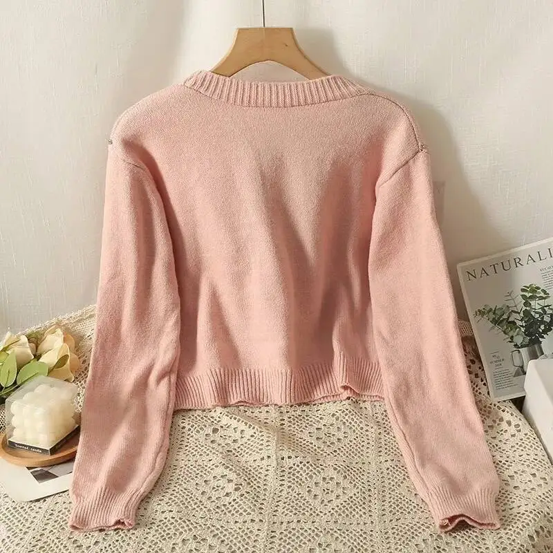 

BabYoung Korean Sweet Cherry Pink Sweaters Mujer Autumn New V-Neck Knitted Cardigan Y2k Fashion Long Sleeve Cardigans Women