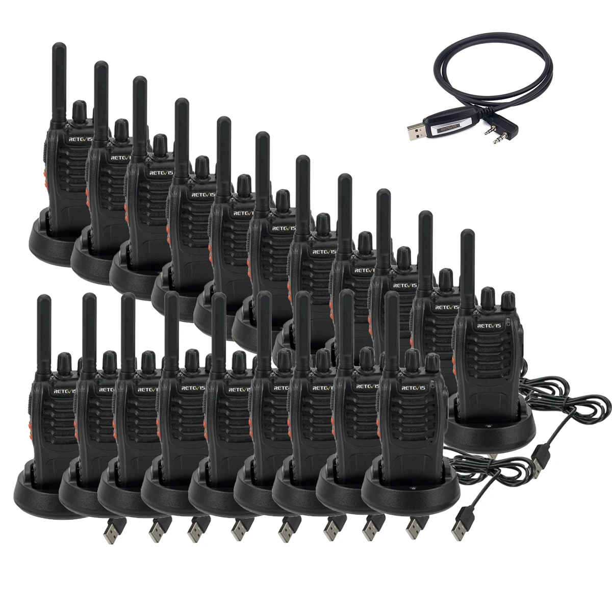 Retevis H777 2W Handheld Two way Radio UHF FRS 16CH Walkie Talkies with FM Function(20PACK)+USB Programming Cable