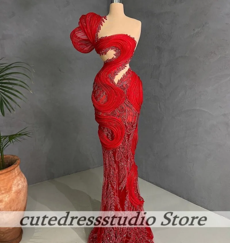 

Charming Strapless Mermaid Prom Dress Sexy One Shoulder Robes De Soirée Beaded Ruffles Wedding Evening Party Dresses Customized