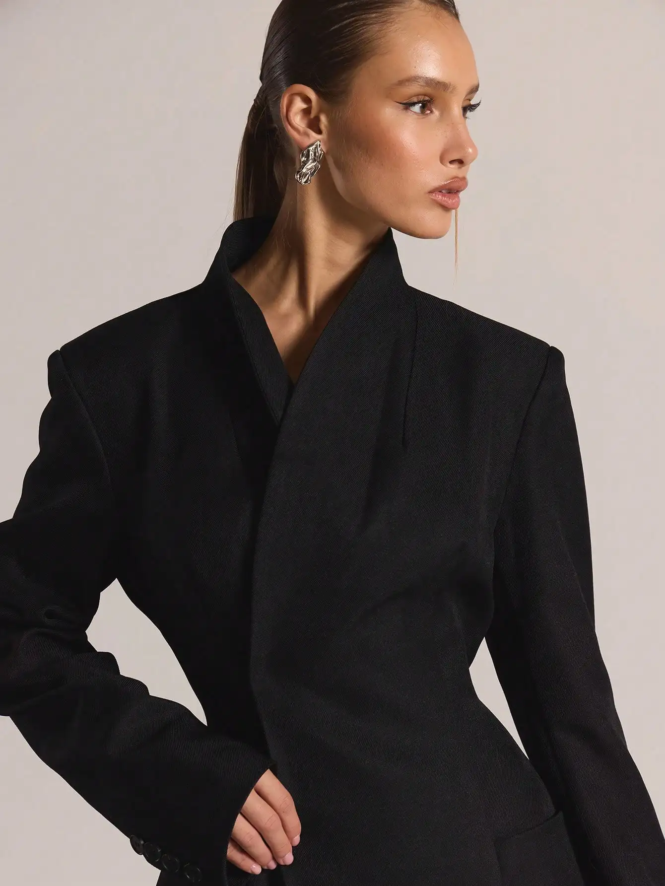 Tailored Cinched Waist Funnel Neck Long Sleeve Blazer Dress