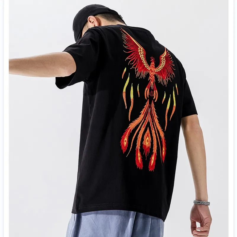 Summer T Shirt Men Harajuku Phoenix Embroidery T Shirt Women Vintage Hip Hop Tees Fashion Short Sleeve Japanese Cool Streetwear