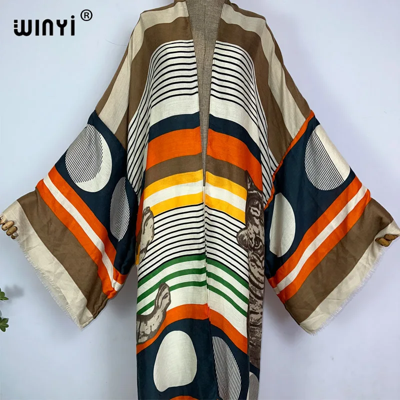 WINYI kimono summer new print Bikini Cover-up Elegant beach outfits for women sexy silk feeling vestidos para mujer dress robe