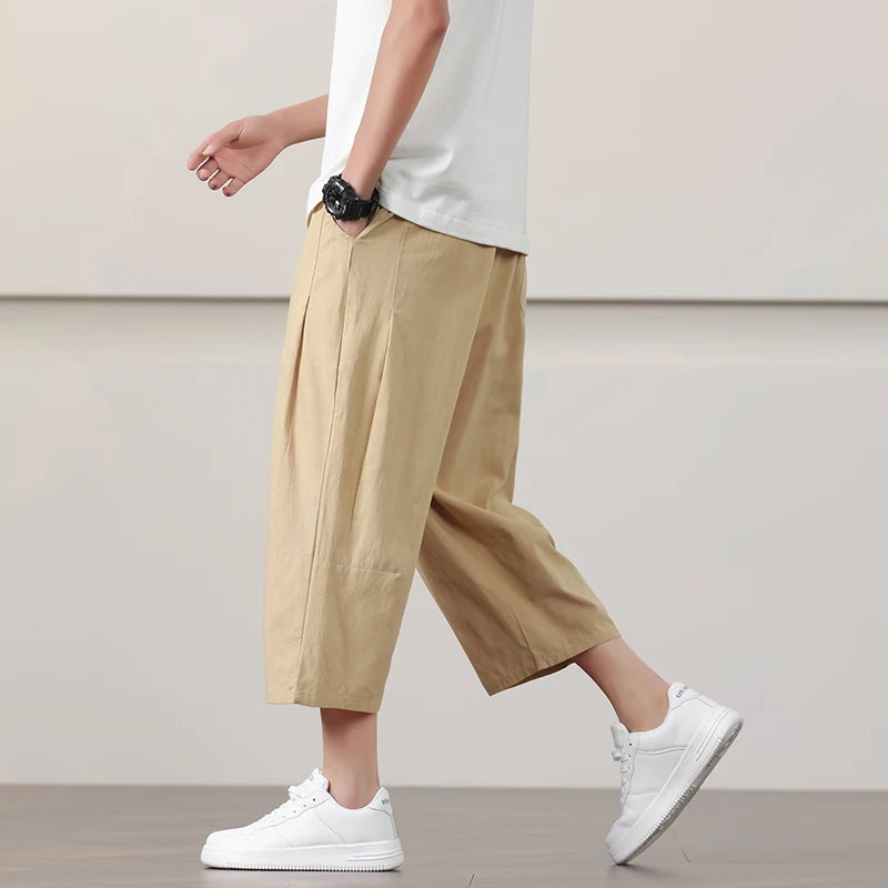 

2024 Summer Men Streetwear Pants Chinese Style Cotton Linen Harem Pants Men Breathable Beach Pants Casual Calf-Lenght Trousers