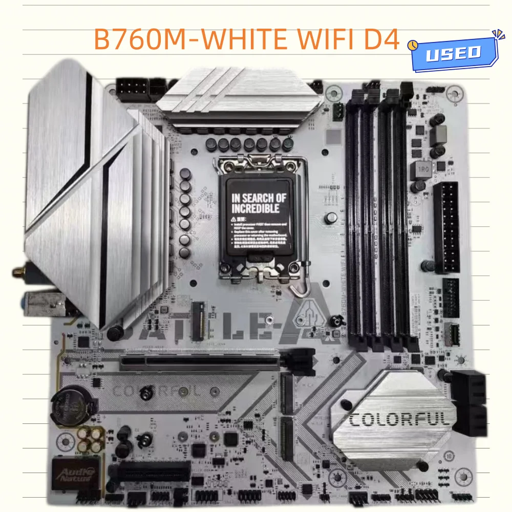 Carte mère BATTLE-AX B760M-WHITE WIFI D4, disponible en plusieurs couleurs, compatible avec les processeurs Intel de 12e, 13e et 14e génération et la mémoire DDR4.
