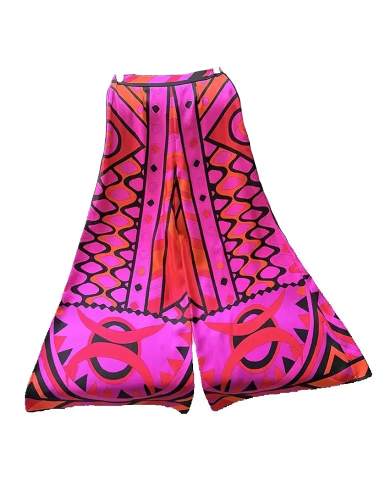 Spring Summer Fashion Vintage Casual Geometric Print Silk Bell Bottoms Women's Middle Waist Slim Pocket Loose Wide Leg Trousers