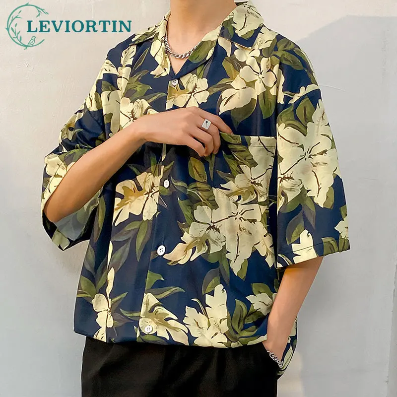 Summer Ice Silk Hawaiian Beach Blouse Men's Short Sleeve Tops High Street Flower Print Shirts Versatile Loose Couple Streetwear