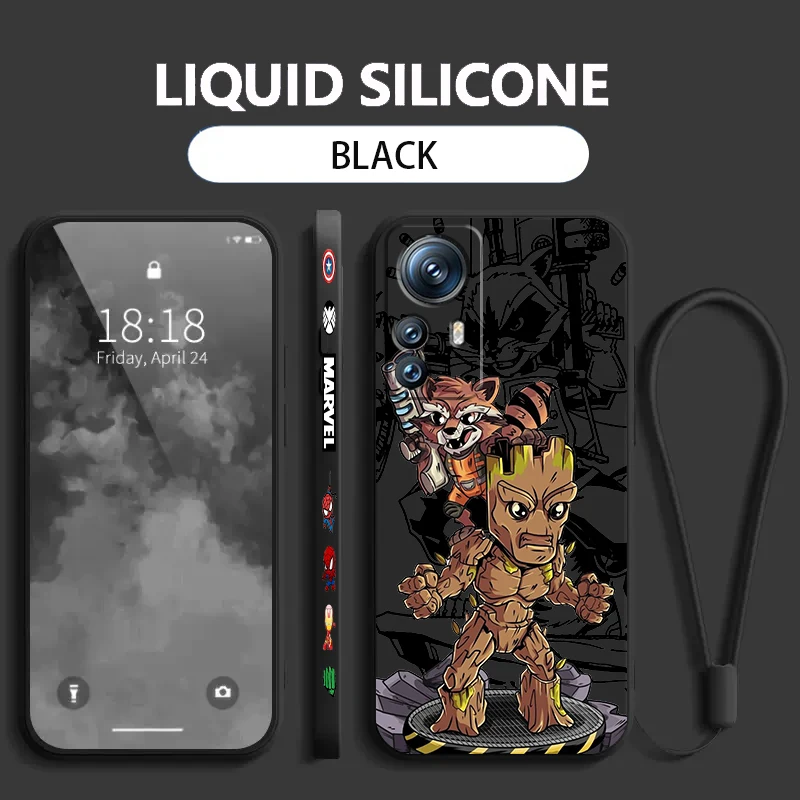 Marvel Rocket Bear Cartoon Cool Liquid Left Rope For Xiaomi Mi 14 13T 13 12T 12 11T 11i 11 A3 10T 10 9 Pro Lite Ultra 5G Cover