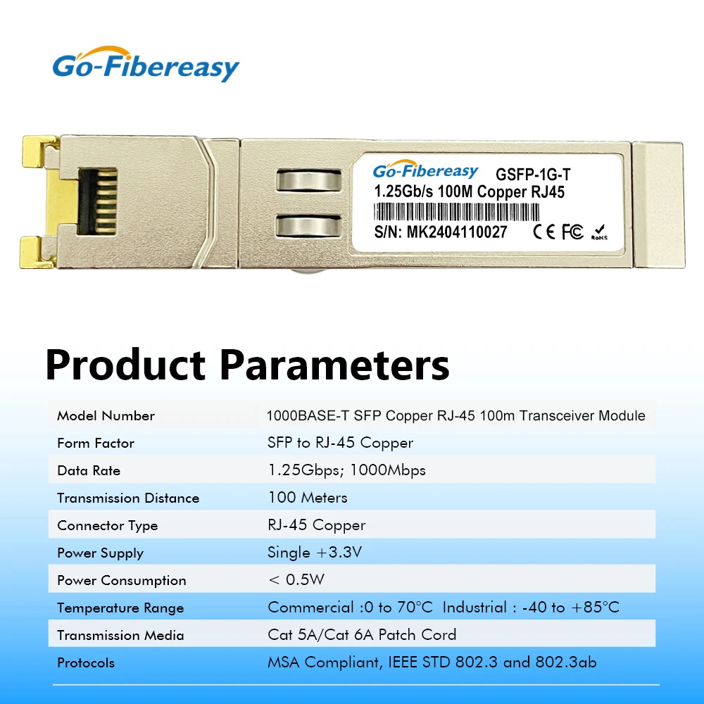 1Gb SFP to RJ45 Transceiver Module 1000BASE-T 100m RJ45 Copper For Mikrotik,Ubiquiti,Netgear,TP-Link,Zyxel,ZTE...Fiber Equipment