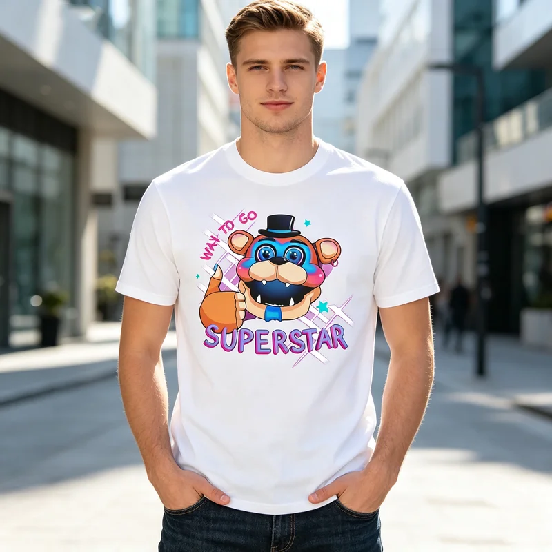 Cool FNAF Superstar Bear T Shirt for Men Women Five Nights At Freddys Let's Go Graphic Short Sleeve Cotton Tee Harajuku Tops