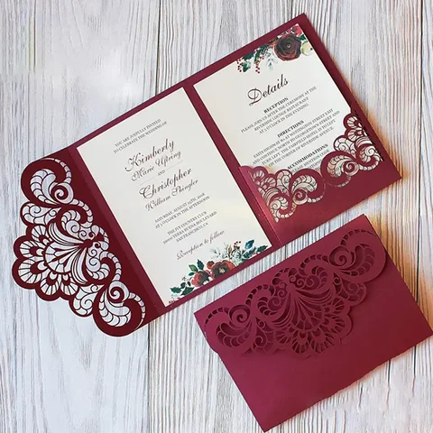 100 pieces Tri-fold Pocket XV Quinceanera Birthday Invitations, Personalized Laser Cut Wedding Greeting RSVP Invite Card IC153