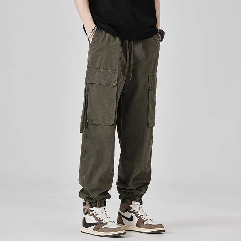 

Men Streetwear Fashion Multi-pocket Sport Track Pant Men Outdoor Loose Casual Pure Cotton Ankle-length Techwear Cargo Pants