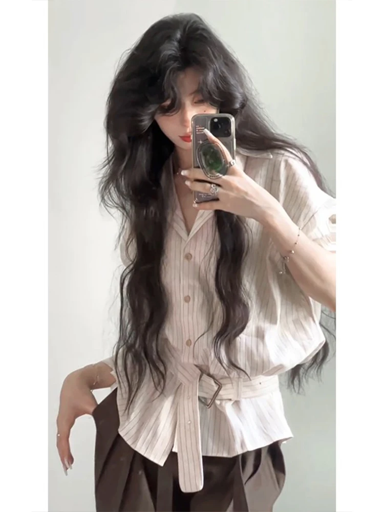 

Retro American Striped Long Sleeve Shirt Women's Waist Cinched Tie Design Spring Autumn New Style Elegant Top for Young Girls
