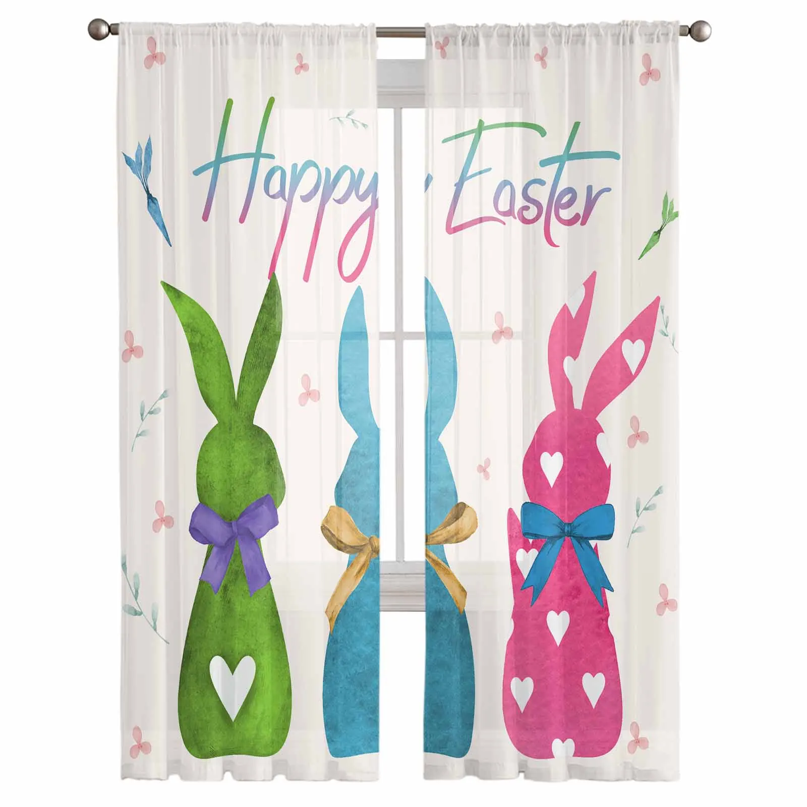 Easter Colorful Bunny Voile Curtains for Bedroom Window Tulle Curtain for Living Room Sheer Blinds Drapes