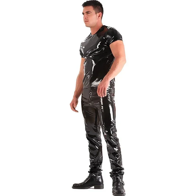 Men\'s Shiny Patent Leather Pants Mid Waist Faux Latex Trousers Wet Look Stretch PU Bodycon Pants Man PVC Clubwear Costume Custom