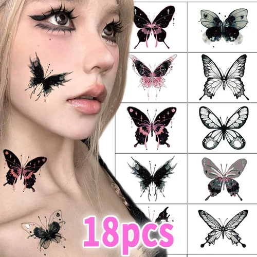 Imagen 2 del producto 18 hojas/juego de pegatinas de tatuaje de mariposa, tatuajes temporales con patrón de mariposa rosa y negra, duraderos, vívidos, suaves, sin irritación