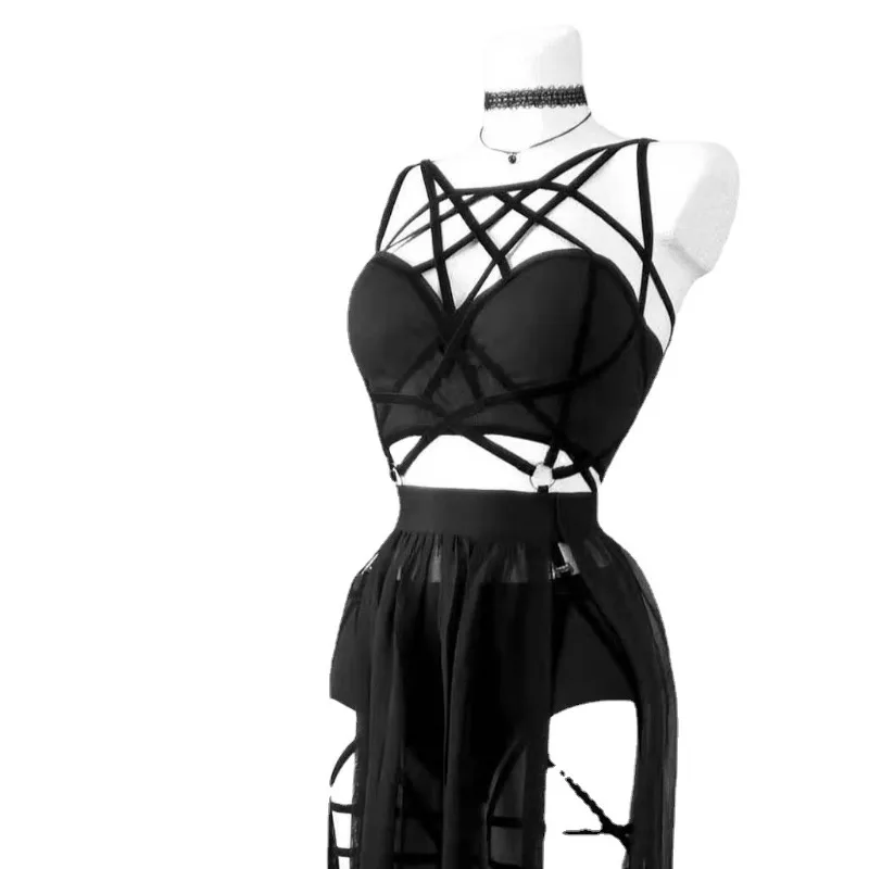 AltGoth Gothic Nightclub Sexy Skirt Set Women See Through Mesh Backless Crop Tops Emo Alt Punk High Waist Underpants Skirt 3pcs image 3