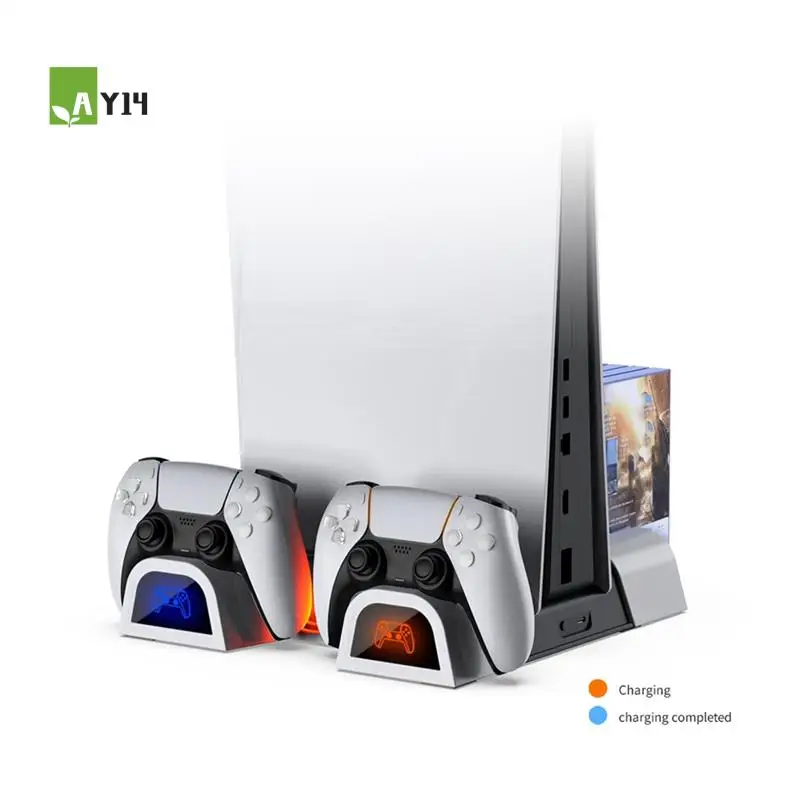 AY14 -For PS5 Slim/PS5 Pro Vertical Cooling Stand Handle Double Charging Station With Light With Game Disk Storage Rack