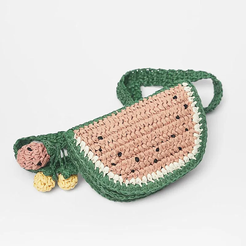 Watermelon Woven Bag Cute Fruit Straw Bags for Women Waist Pack Crochet Shoulder Crossbody Bags Handmade Paper Rope Beach Bag