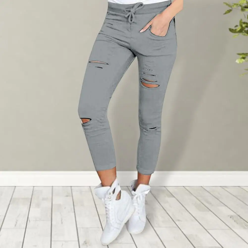 Slim Fit Pants Stylish Women's Elastic Waist Pencil Pants with Adjustable Drawstring Solid Color Ripped Holes Leggings for Daily