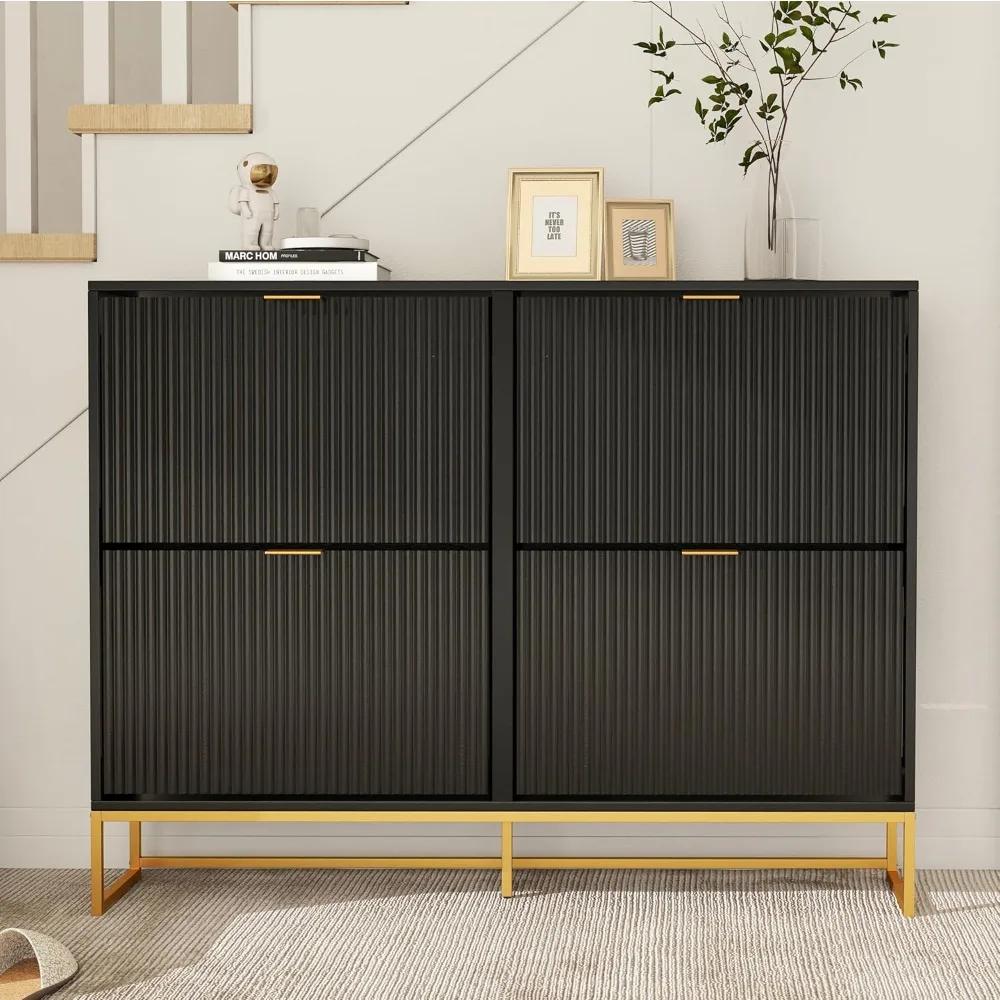 Shoe Cabinet Storage for Entryway, Narrow Modern Shoe Rack Cabinet with 4 Flip Drawers, Tipping Wooden Slim Storage, Freestandin