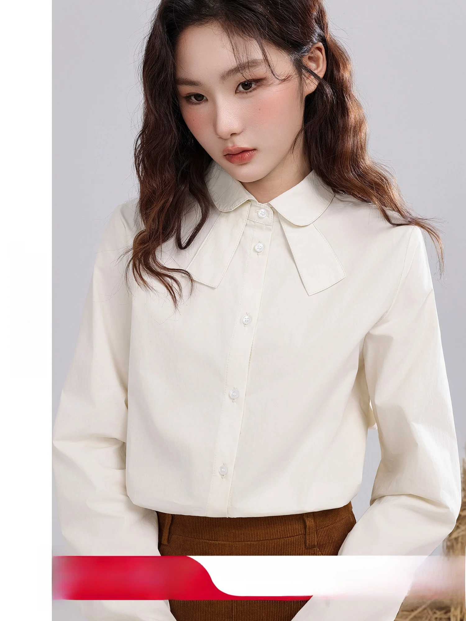 

Рубашка в французском стиле с воротником-стойкой, однотонная, женская, модная, для многослойных образов, зимняя, новый дизайн, хлопковая, с длинным рукавом, на пуговицах