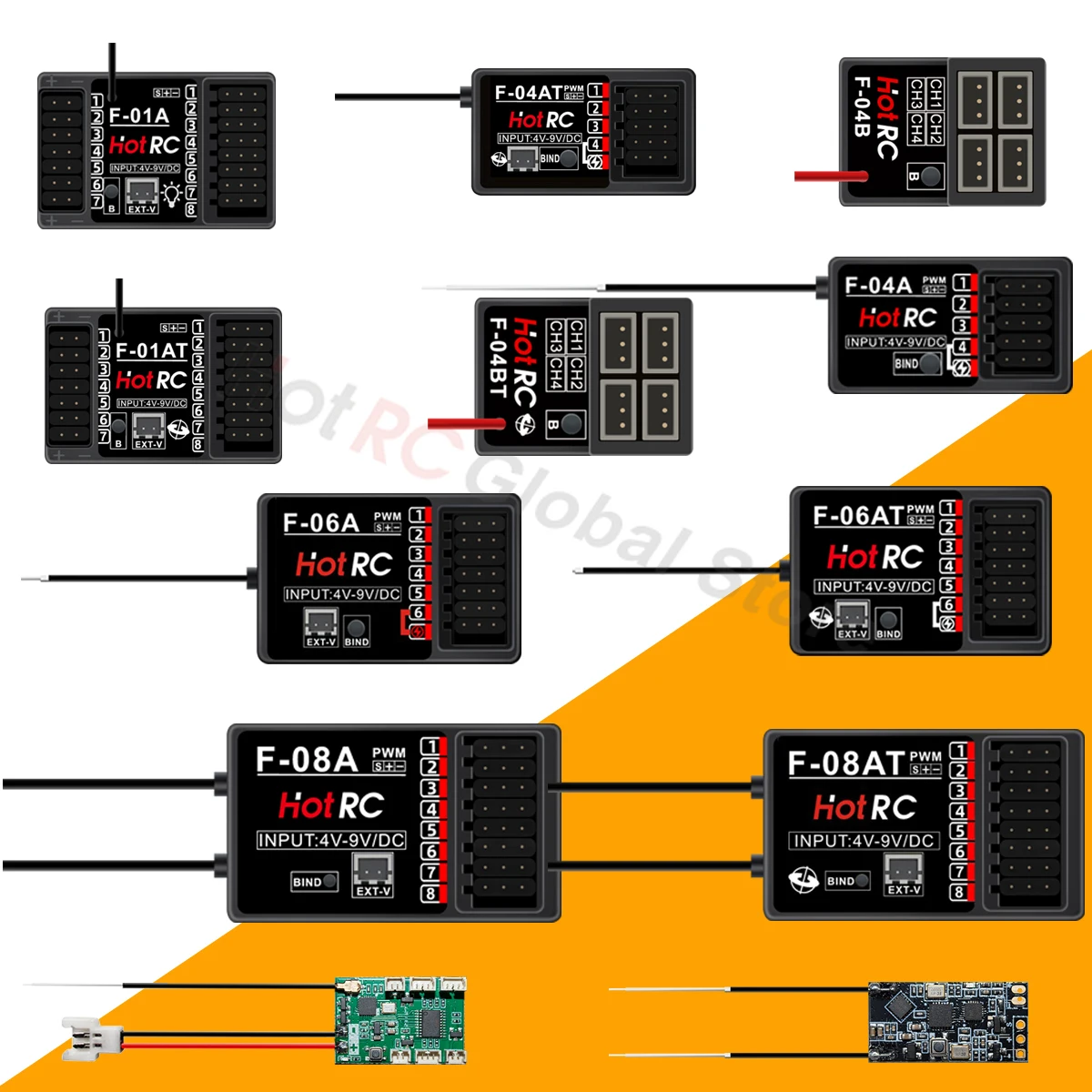 HOTRC 2.4Ghz 4/6/8 Channel Receivers F-04A F-06AT F-08A F-01A with/without Gyro Light Control for Transmitter Remote Control