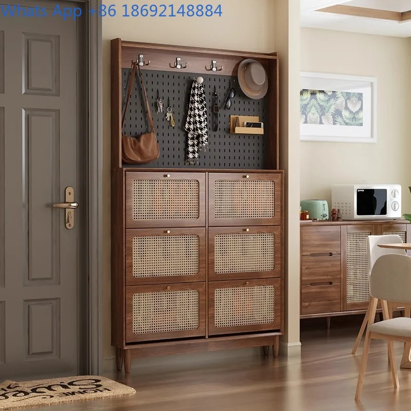 Walnut Thin Flip Shoe Cabinet for Home Entryway Narrow Wall Mounted with Coat Rack American Style New Design