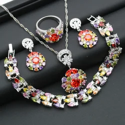 Silver Color Jewelry Set For Women Personalized Multicolor Cubic Zirconia Earrings Necklace Pendant Ring Bracelet Holiday Gift