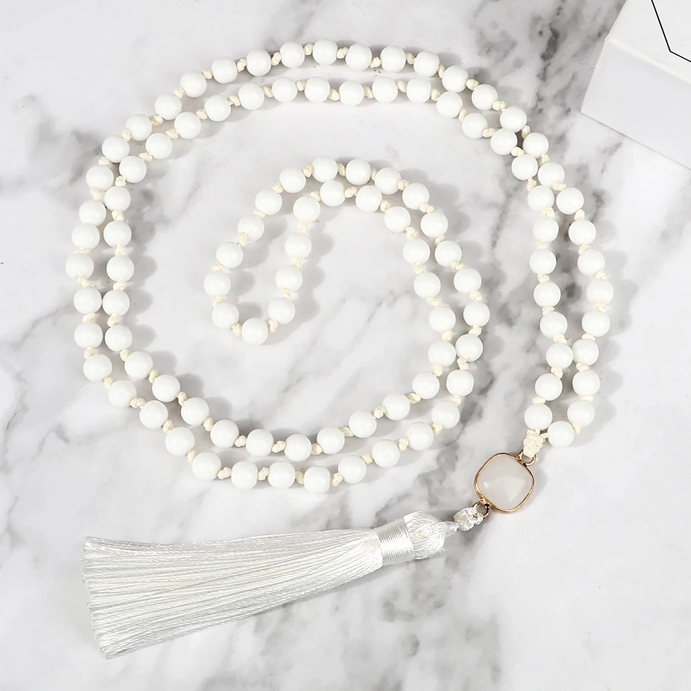 6MM 108 Mala Beads Bright White Necklace Wax Rope Handmade Knotted Inelastic Tassel Women Yoga Pendant Bangle Men Prayer Jewelry