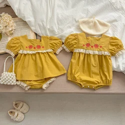 Sisters Set Baby Cotton Bodysui Embroidery Summer Sisters Match Clothes Princess Baby Girl Twin Clothing Lace Flower Set Romper