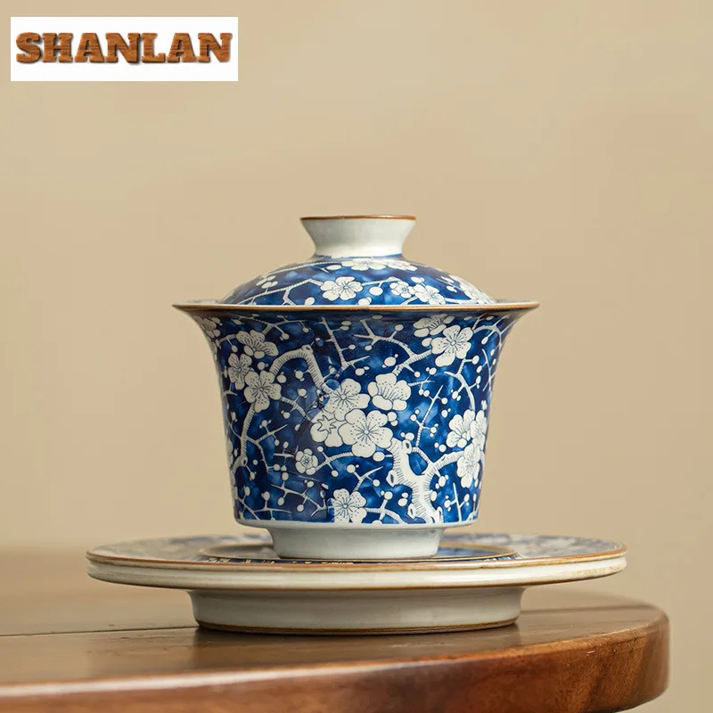 

170ml Ru Kiln Porcelain Cover Bowl Creative Ice Plum Horseshoe Gaiwan Retro Sancai Tea Tureen Tea Maker Chinese Tableware Craft