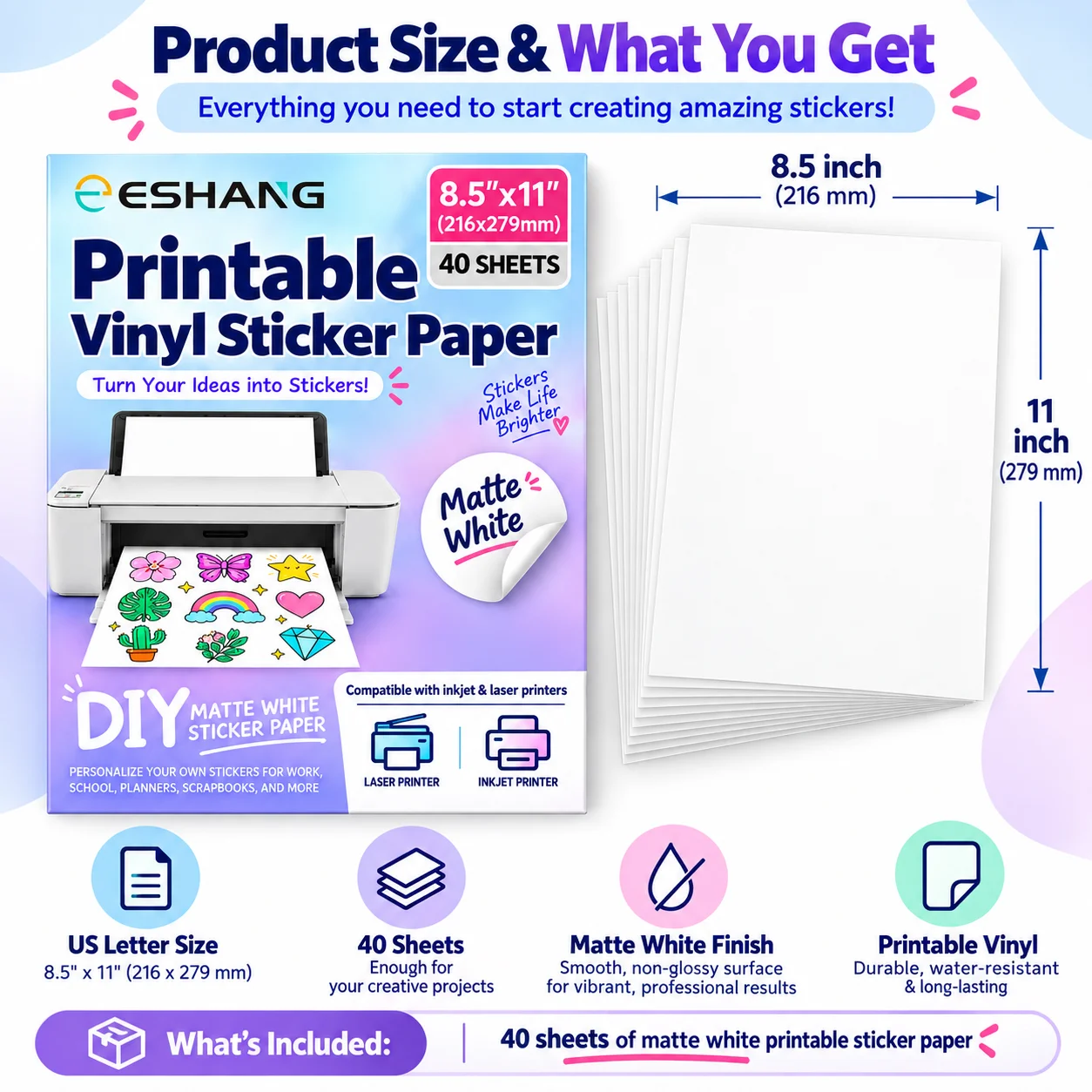 40 Sheets 8.5x11 Inch Matte White Printable Vinyl Sticker Paper Self-Adhesive Inkjet Compatible Tear-Resistant Labeling Paper