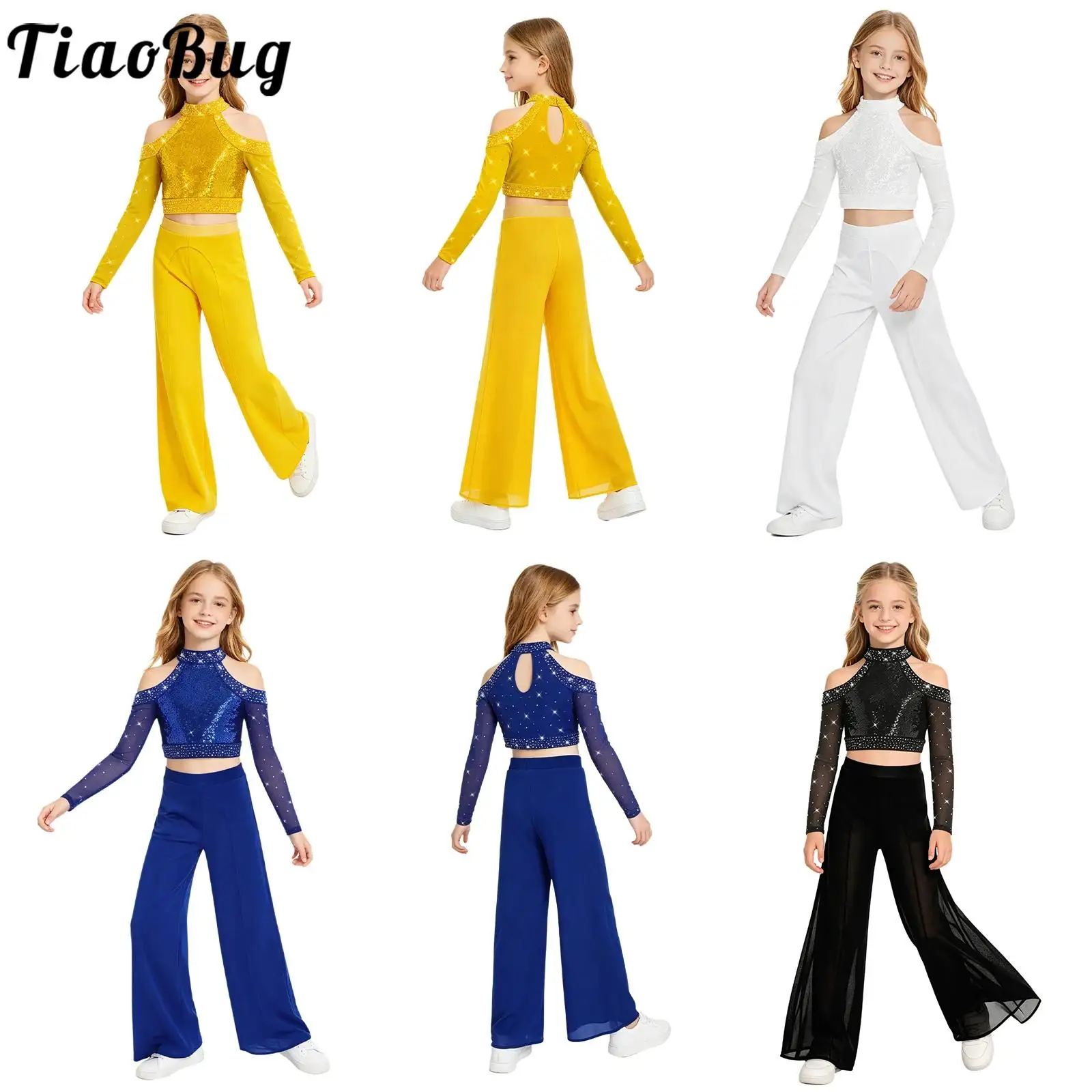 Kids Girls Modern Lyrical Dance Costume Cold Shoulder Long Sleeve Back Sequins Crop Top with Mesh Pants for Figure Skating
