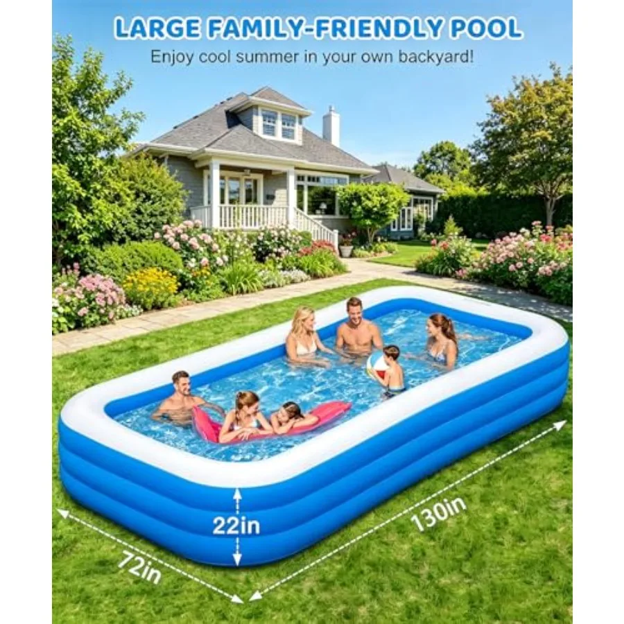 Backyard inflatable pool for adults and children, PVC material, blue color, extra-large 130×72×22 size with included electric p
