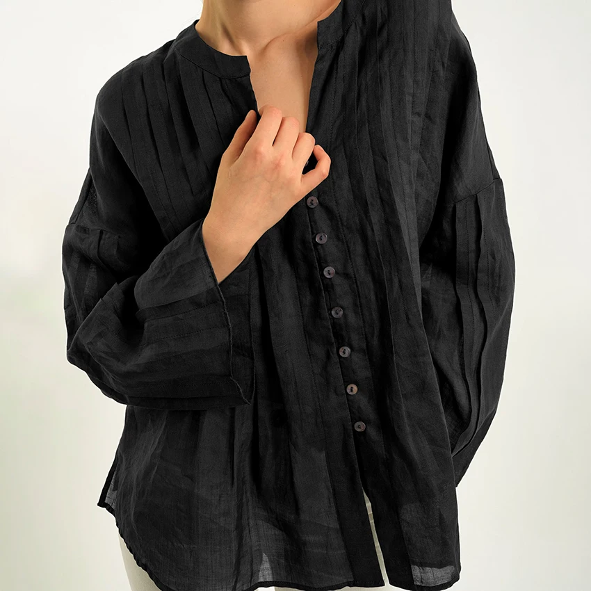 

Linad Casual Cotton Sheer Woman Blouse Vintage Single Breasted Shirts Female Autumn Black Elegant Flare Sleeve Tops Ladies 2025