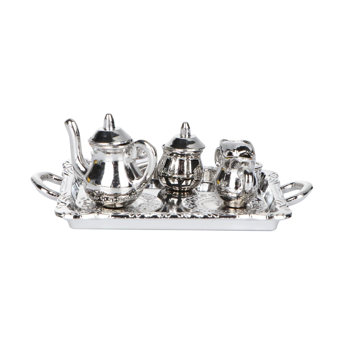 

Set Mini House Tea Set Alloy Miniature Teaware Kit Desktop nament Silver Shiny Design 1 12 1 6 House Decor Fun