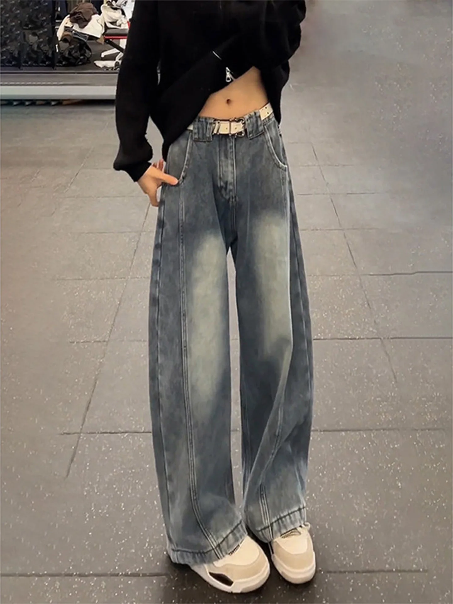 

Light Blue Men's Casual Waed Knife Jeans Autumn Winter Slim Fit American High Street Wide Leg Patchwork Long Pants