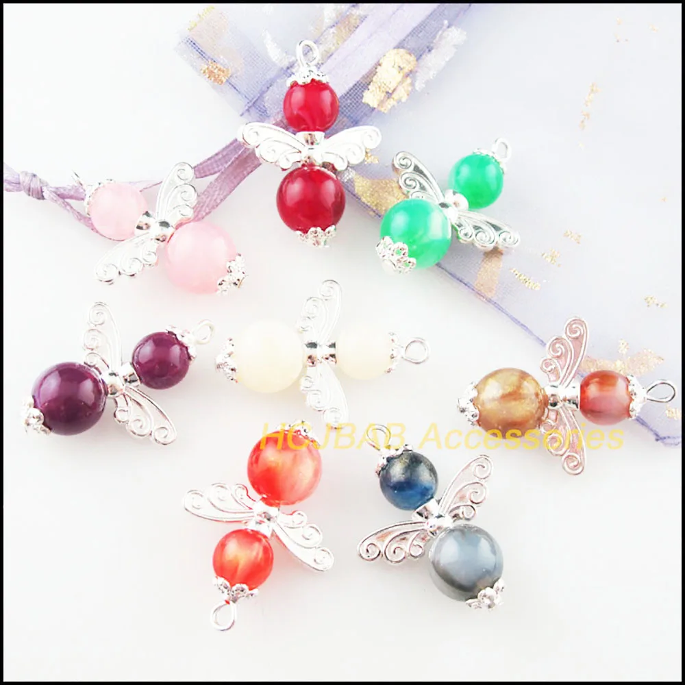 8Pcs New Charms  Tibetan Silver Color Mixed Crystal Acrylic Angel Wings Pendants DIY J049