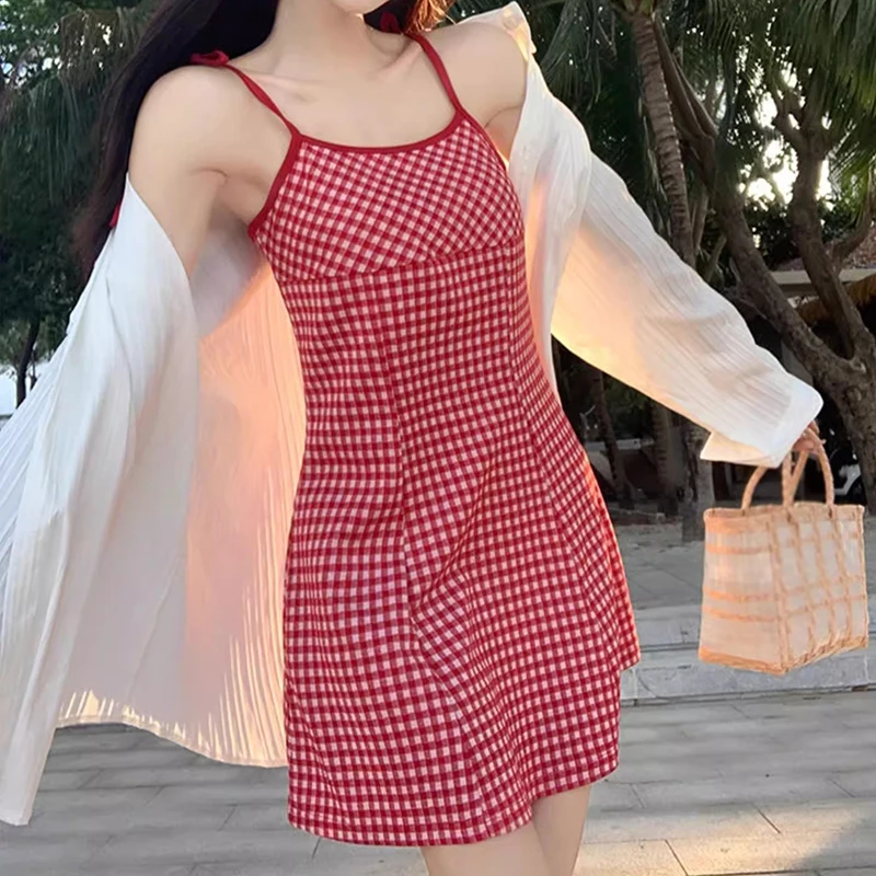 Summer Women Dress Plaid Bow Tie Fashion Sexy Sweet Backless Seaside Resort Style Slip Dress