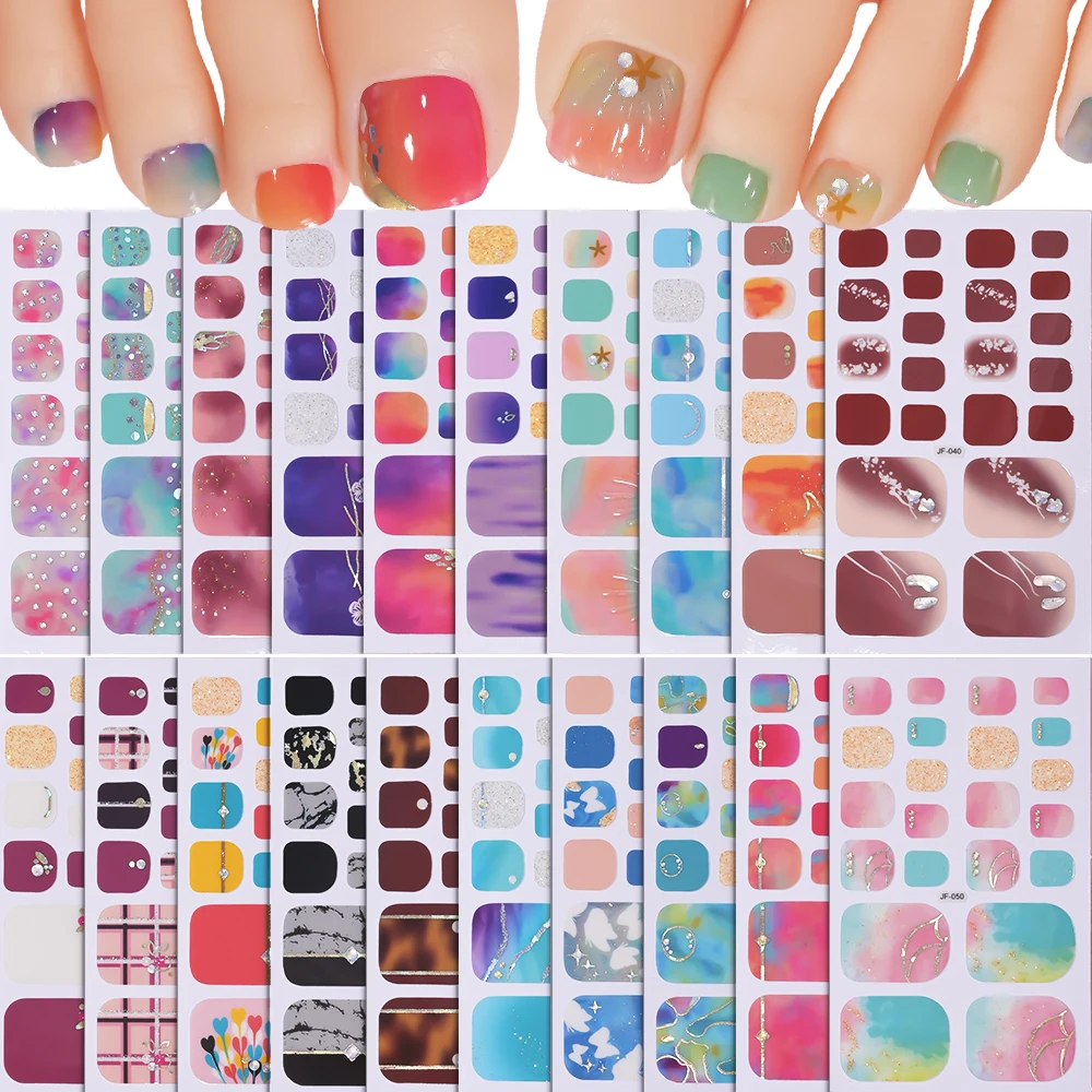 22tips/Sheet Toe Nail Stickers Glittering Toenails Manicure Art Decals Full Cover Removable Adhesive No Need UV Lamp Nail Patch*