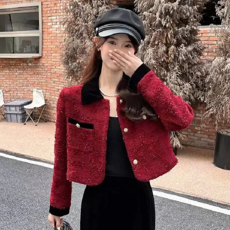 

Women's Autumn Winter Red Sweet Patchwork Woolen Fragrant Coarse Tweed Coat Jackets